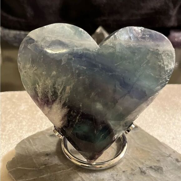 Rare Feather Fluorite Crystal Heart With Stand 365g - Picture 3 of 16